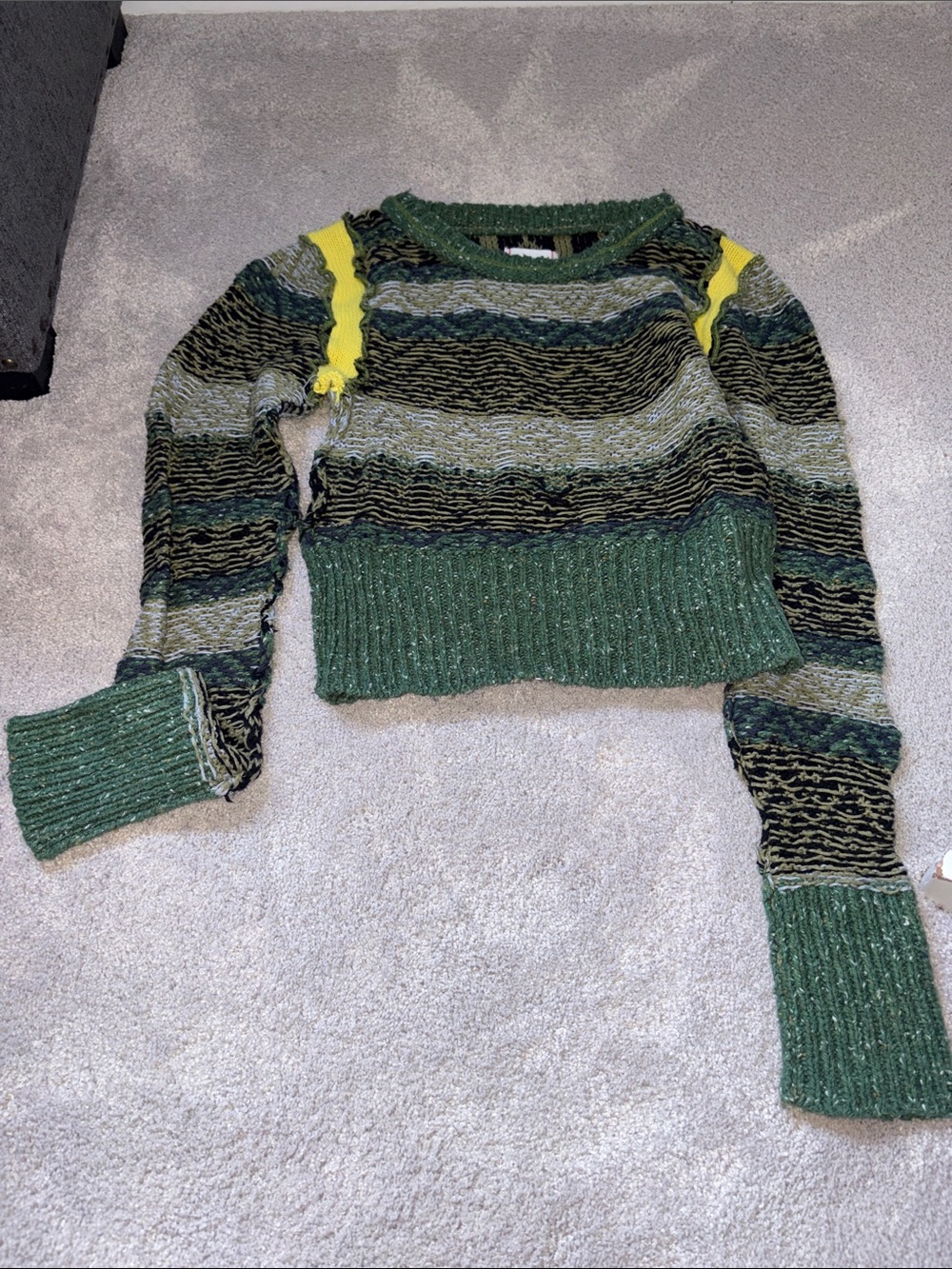BDG Green Striped Cropped Sweater with Yellow Shoulder Detail